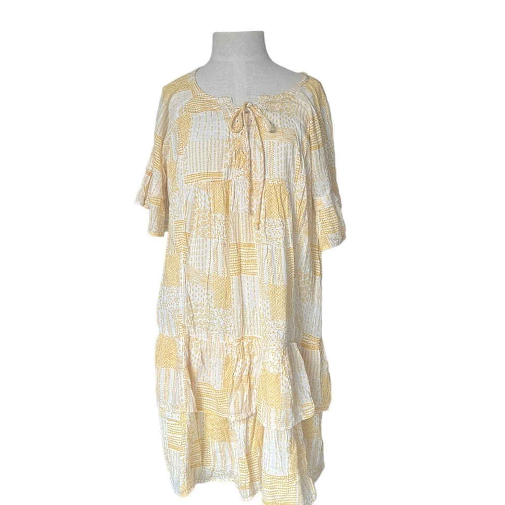 Caslon Womens Yellow White Patchwork Print Ruffle Minidress size X-Large - Picture 2 of 12